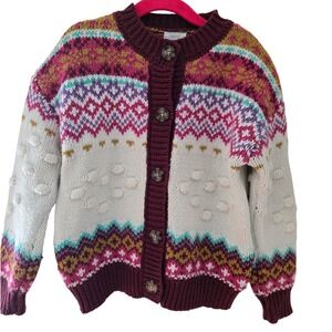 Next Kids Fair Isle Bobble Knit Cardigan Burgundy Pink Button Front Sweater